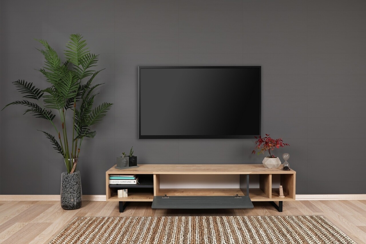 Comoda TV Safir, Puqa Design, 160x35x40 cm, maro/antracit