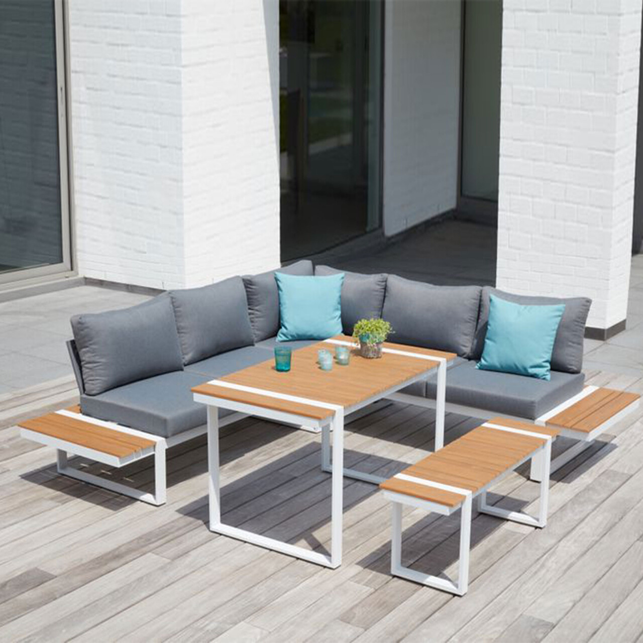 Set mobilier pentru exterior, 5 piese Merida, 240x240x33 cm, aluminiu/poliester, multicolor