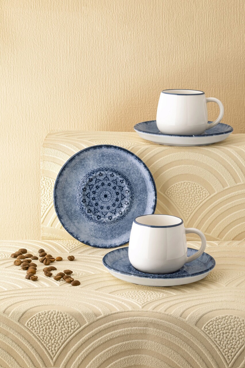 Set cesti de cafea, Noble Life, 721NBL3177, 100% PORCELAN / , Ceașcă de cafea: 90 cm (6 bucăți), Albastru/Alb