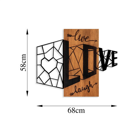 Decoratiune de perete, Live Love Laugh, Lemn/metal, Dimensiune: 68 x 58 cm, Nuc / Negru