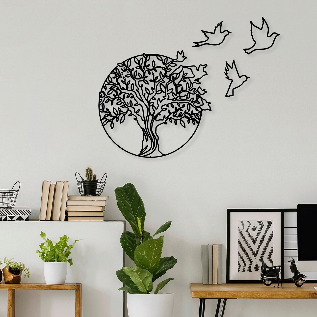 Decoratiune de perete, Tree And Birds 3, Metal, Dimensiune: 61 x 56 cm, Negru - 2 | YEO