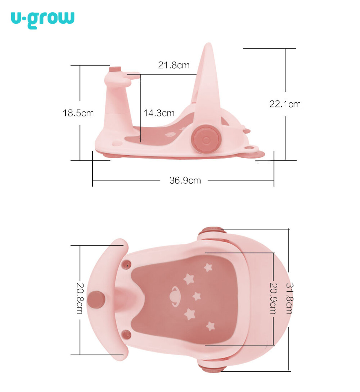 Scaun de baie pentru bebelusi cu ghidon si spatar reglabil U-Grow, 36.9x31x22 cm, polipropilena/silicon, roz - 1 | YEO