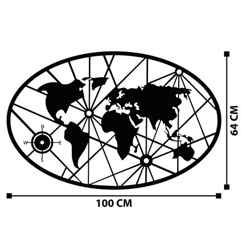 Decoratiune de perete, World Map Mediun, Metal, 100 x 64 cm, Negru