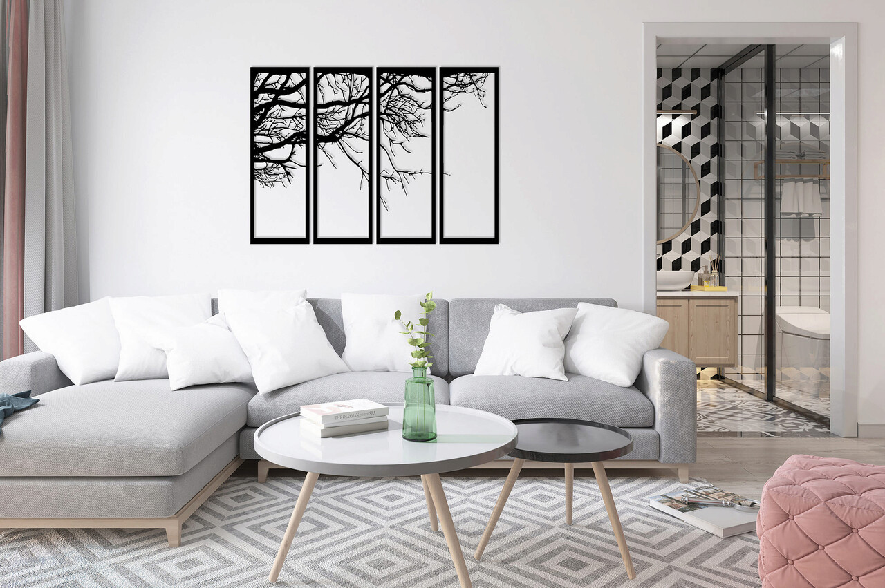 Decoratiune de perete, Tree, Metal, 25 x 50 cm, 4 piese, Negru