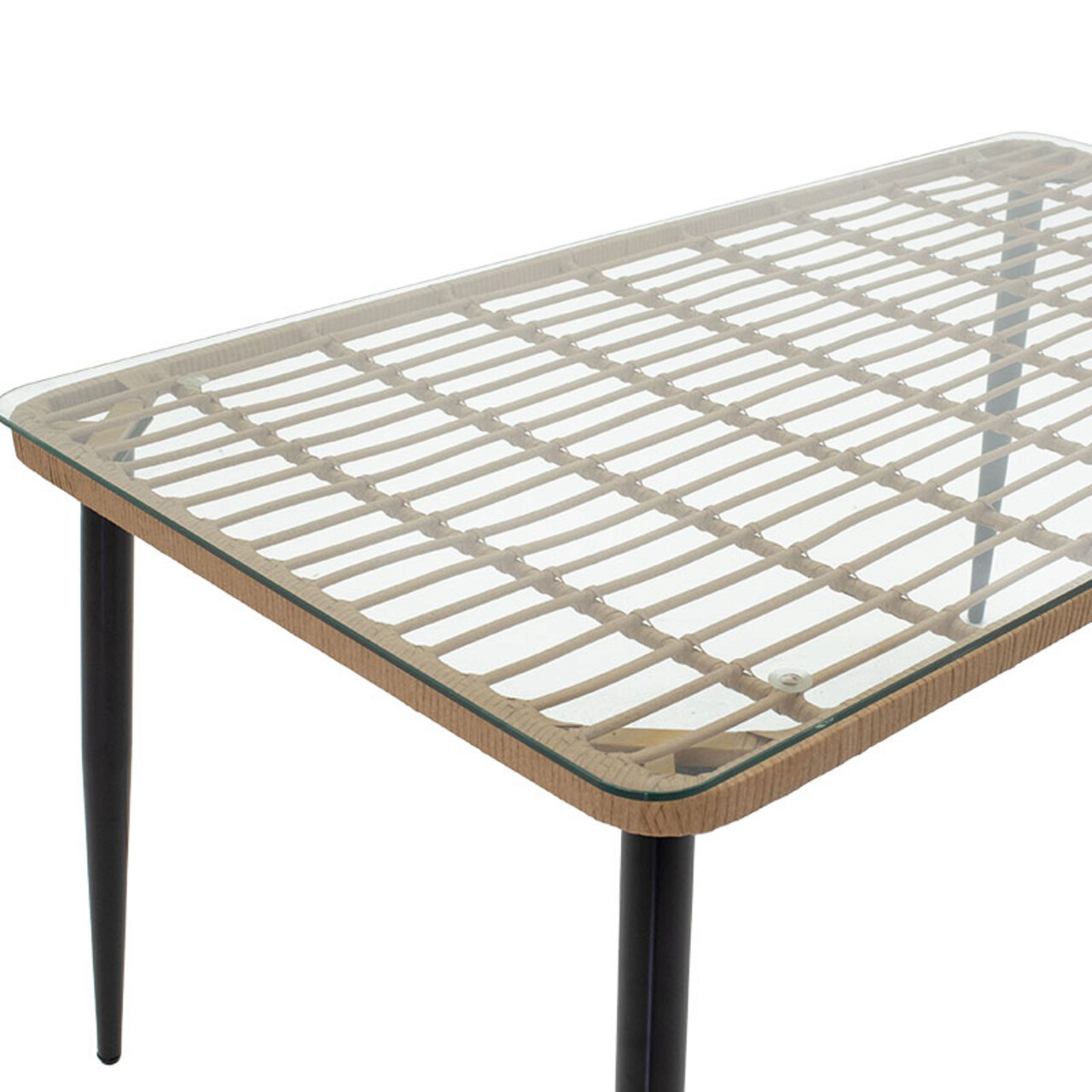 Masa pentru gradina Naoki, Pakoworld, 160x90x78 cm, metal/sticla/ratan sintetic, negru/natural