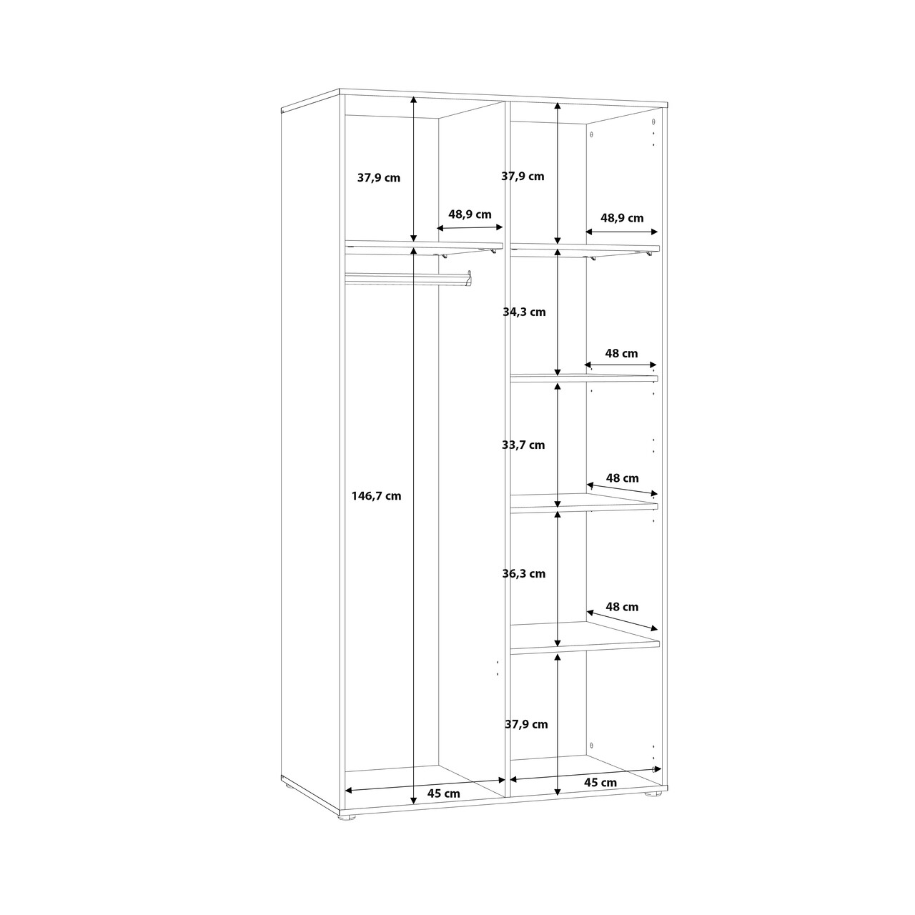 Dulap Meerlo, Bedora, 94.7x52.7x190.5 cm, PAL/plastic, negru/stejar