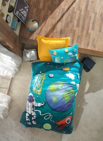 Lenjerie de pat pentru o persoana Little Astronaut - Turquoise, Cotton Box, 3 piese, bumbac ranforce, turcoaz
