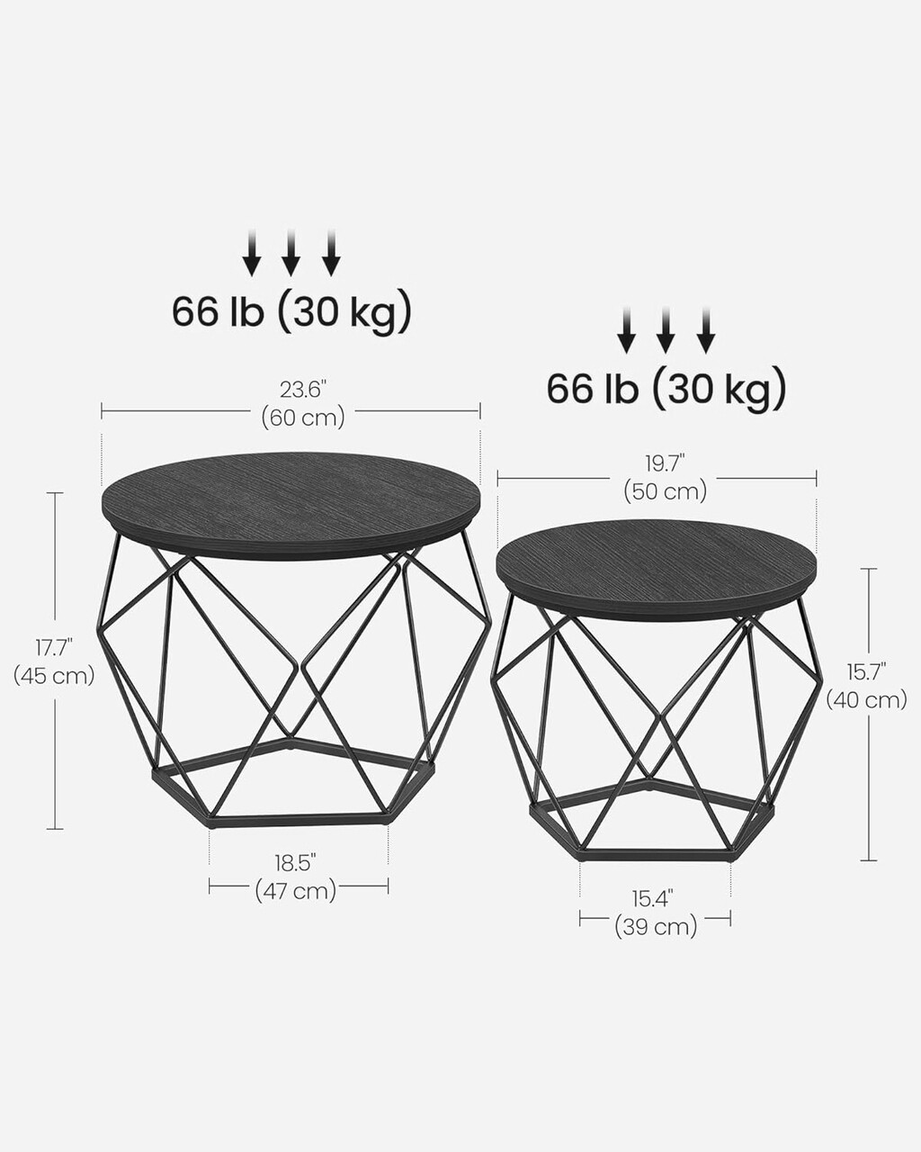 Set 2 masute de cafea Modern, Vasagle, blat detasabil, 60x45 cm, max 30 kg, otel/PAL, gri/negru