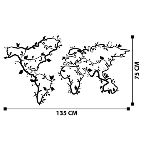 Decoratiune de perete, World Map 12, Metal, Dimensiune: 135 x 75 cm, Negru