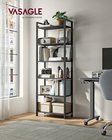 Biblioteca cu 6 rafturi Industrial, Vasagle, 66x30x186 cm, max 50 kg. PAL/otel, negru abanos