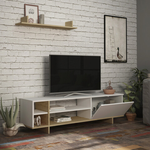 Comoda TV, Decortie, Stockton, 160x44x35.6cm, Alb / Stejar