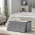 Bancheta cu spatiu pentru depozitare Ottoman Classic, Vasagle, 76 x 38 x 38 cm, pliabila, imitatie in/MDF, gri deschis