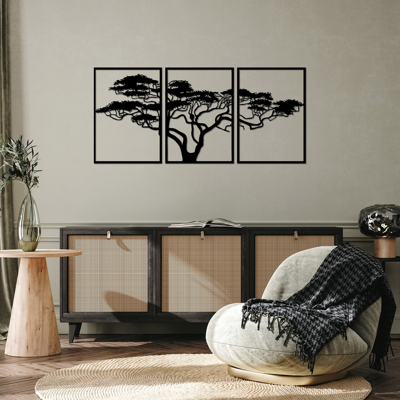 Decoratiune de perete, Acacia Tree, Metal, 50 x 70 cm, 3 piese, Negru - 1 | YEO