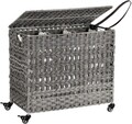 Cos de rufe tesut manual cu 3 compartimente si roti, Vasagle, 140 L, 66x36x60 cm, poliratan/metal/bumbac, gri