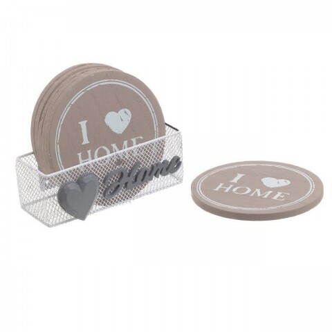 Set 6 suporturi de pahar I love home, InArt, 10 cm, lemn, natur/alb