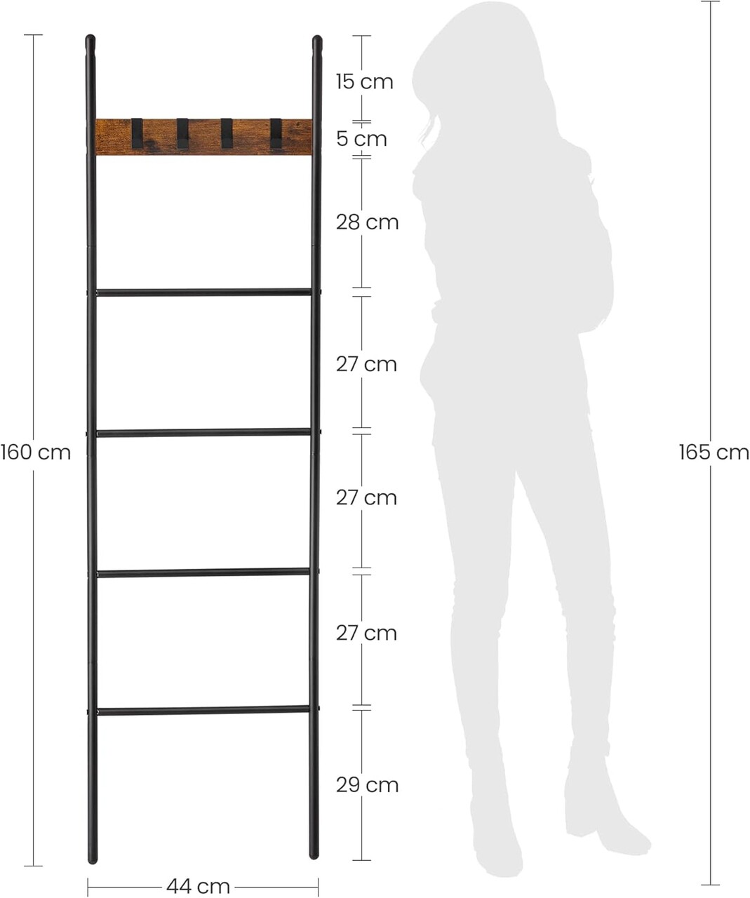 Raft tip scara / suport pentru prosoape Vasagle, 44x160 cm, PAL/otel, maro rustic