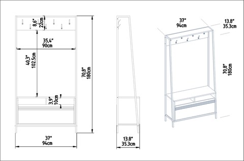 Cuier cu pantofar, Decorotika, Devin, 94 x 180 x 35.3 cm, pal melaminat, nuc/negru