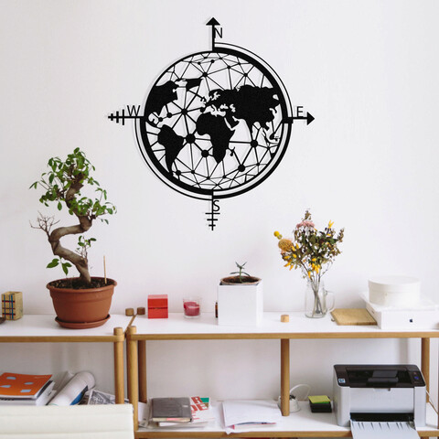 Decoratiune de perete, World Map, metal, 49 x 50 cm, negru