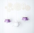 Lustra Tea time Triple Crazy, Deco Republic, E27, 1x60W, ceramica, ceainic + cesti, alb/mov