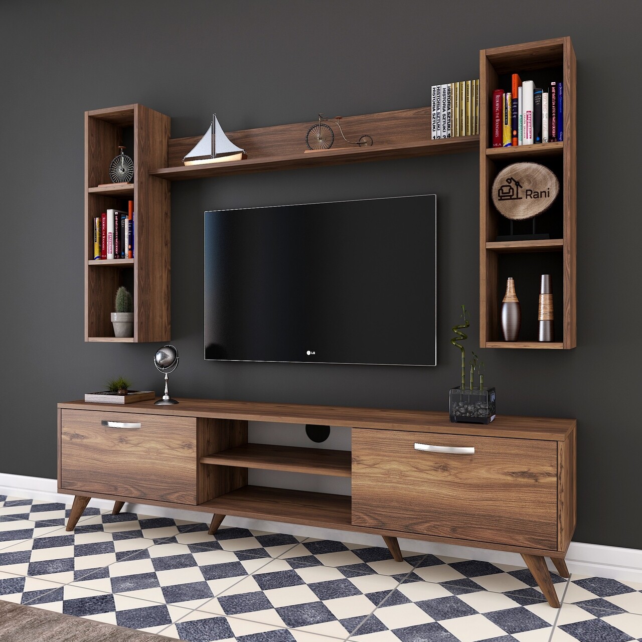 Comoda TV cu 3 rafturi de perete M5 - 240, Wren, 180 x 35 x 48.6 cm/90 cm/133 cm, walnut