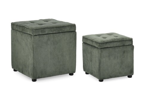 Set 2 taburete cu spatiu de depozitare Dylan, Bizzotto, 35x35x35 cm/45x45x45 cm, velur din poliester/lemn de pin, verde