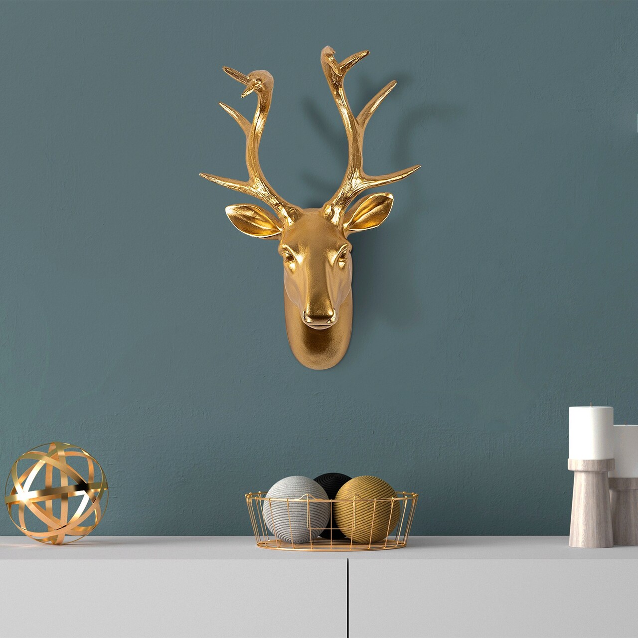 Decoratiune de perete, Bust of Deer, Poliester, Latime: 26 cm, Auriu - 1 | YEO