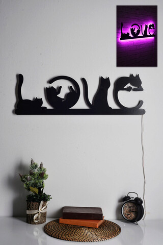 Decoratiune luminoasa LED, Cat Love, MDF, 60 LED-uri, Roz