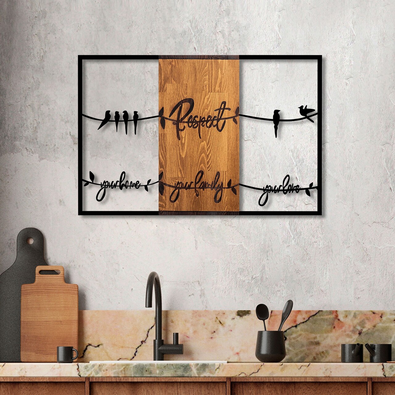 Decoratiune de perete, Respect / Your Home / Your Family / Your Love 1, Lemn/metal, Dimensiune: 88 x 57 cm, Nuc / Negru - 1 | YEO