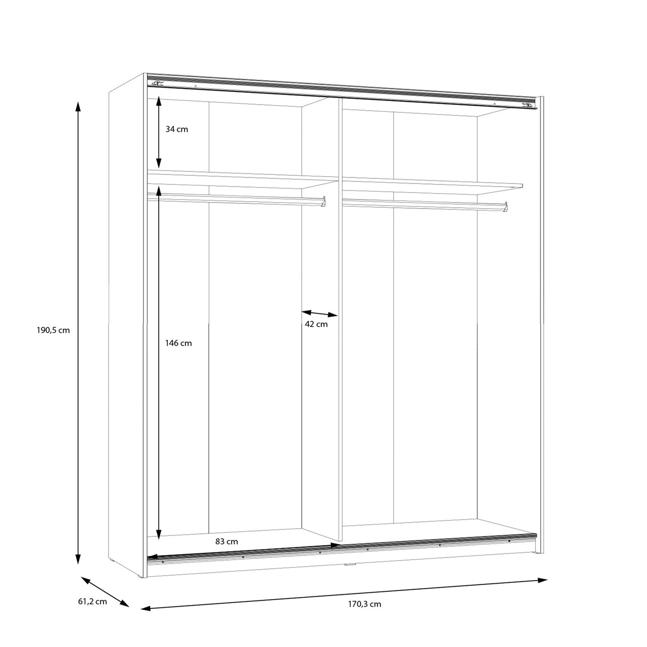 Dulap pentru haine Weert, Bedora, 170.3x61.2x190.5 cm, PAL/metal, alb/gri deschis