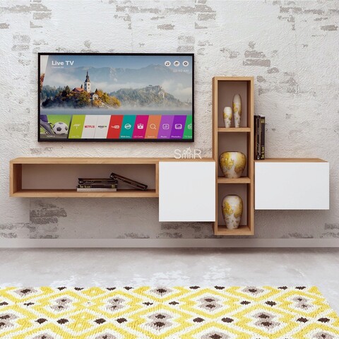 Comoda TV, Mod Design, Kumkuat, Cm, Stejar / Alb