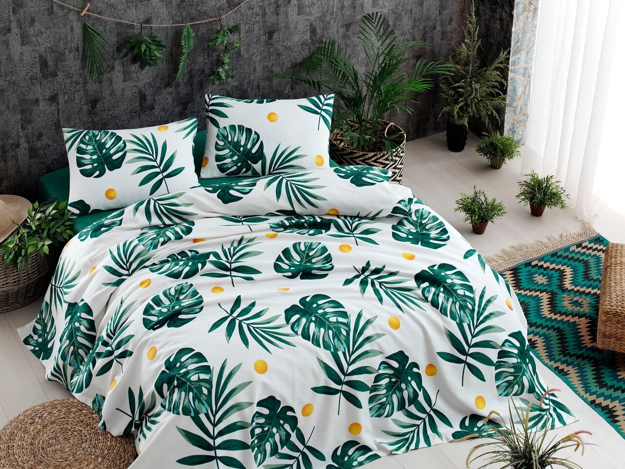 Cuvertura dubla, EnLora Home, Monstera Green, 200x235 cm, 100% bumbac, alb/verde/galben