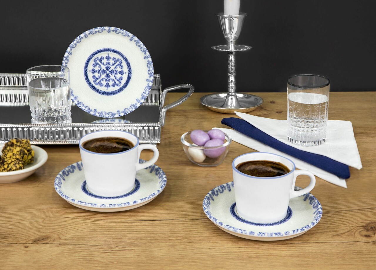 Set cesti de cafea, Noble Life, 721NBL3174, 100% PORCELAN / , Ceașcă de cafea: 90 cm (6 bucăți), Albastru/Alb