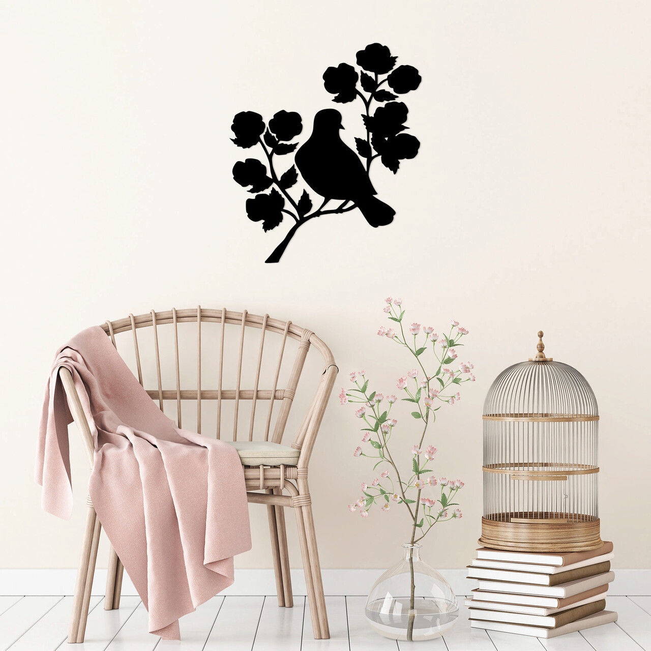 Decoratiune de perete, Rose And Bird, Metal, Dimensiune: 61 x 70 cm, Negru