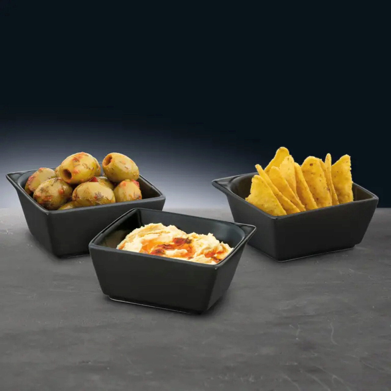 Set 3 boluri servire Salsa, Ambition, 8.3 x 8.3 x 4 cm, 130 ml, portelan, negru