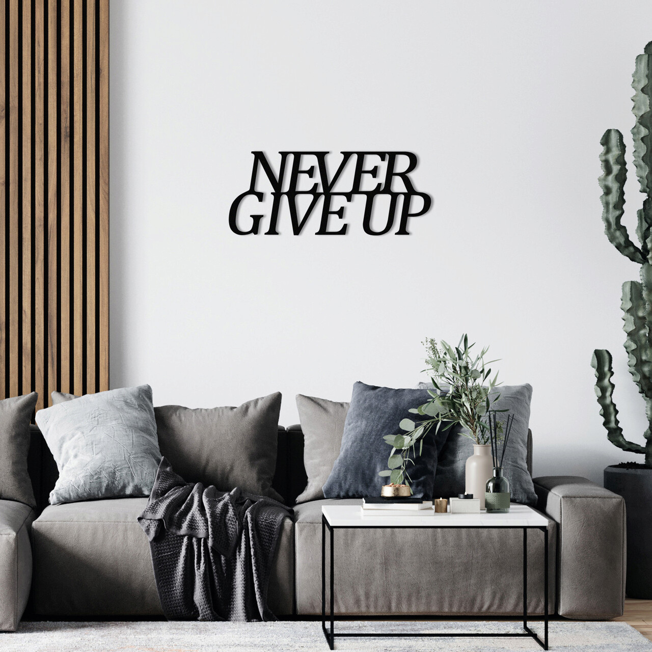 Decoratiune de perete, Never Give Up Metal Decor, metal, 50 x 20 cm, negru