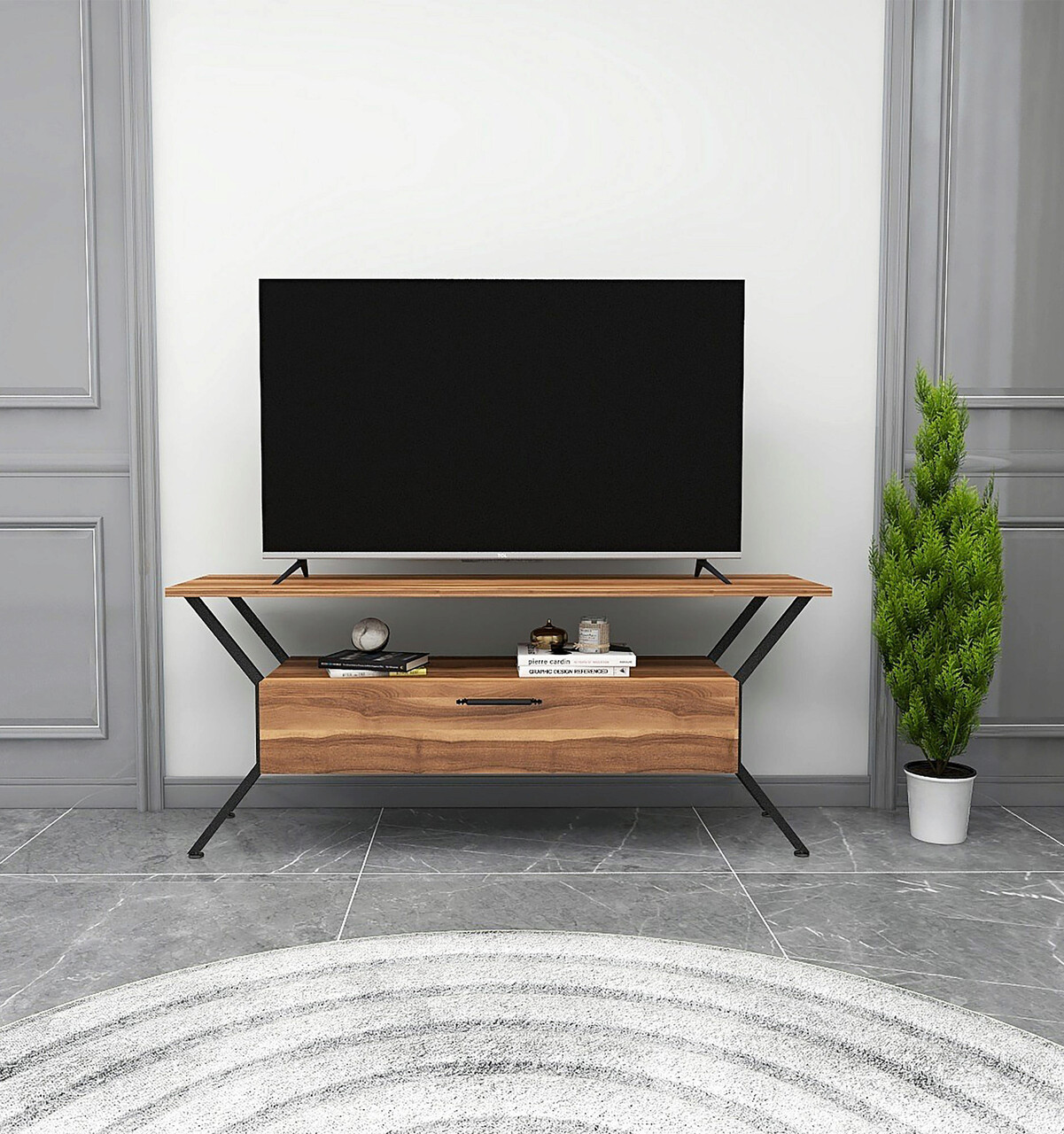 Comoda TV, Kalune Design, Tarz, 124x54x35 cm, Nuc / Negru