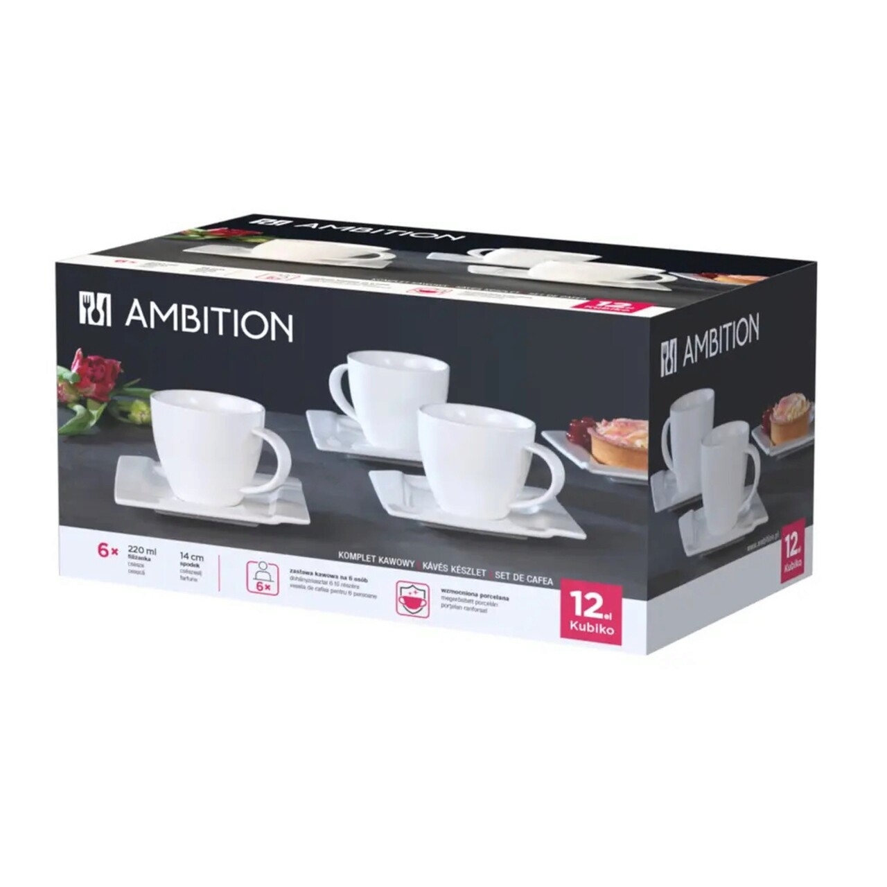 Set ceai / cafea 12 piese Kubiko, Ambition, 220 ml, portelan, alb