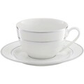 Set 6 cesti cu farfurie pentru cafea Aura Silver, Ambition, 220 ml, portelan New Bone China, alb