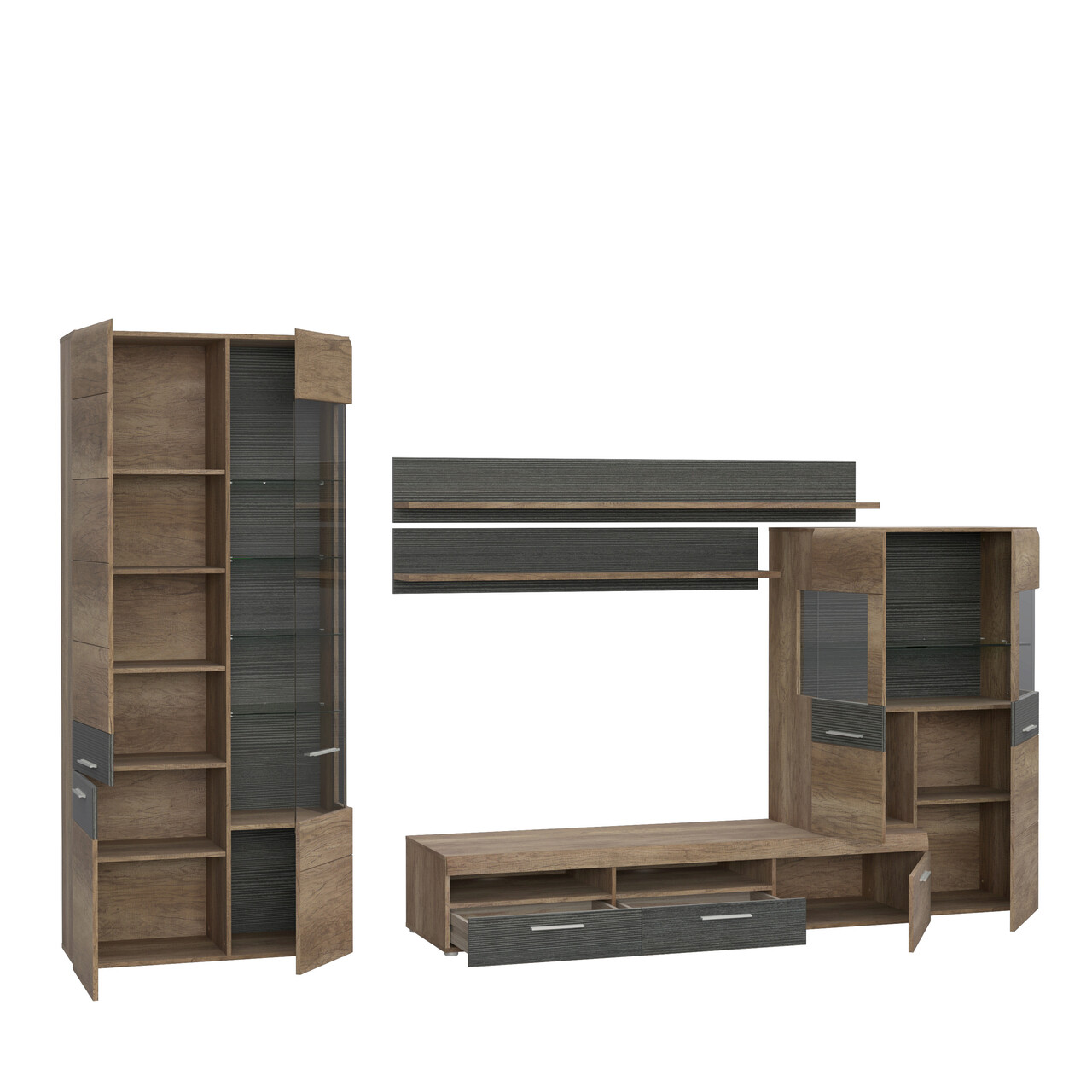 Set mobilier living 4 piese Nuth, Bedora, 349x51.7x206.5 cm, PAL/sticla/plastic, maro antic/gri