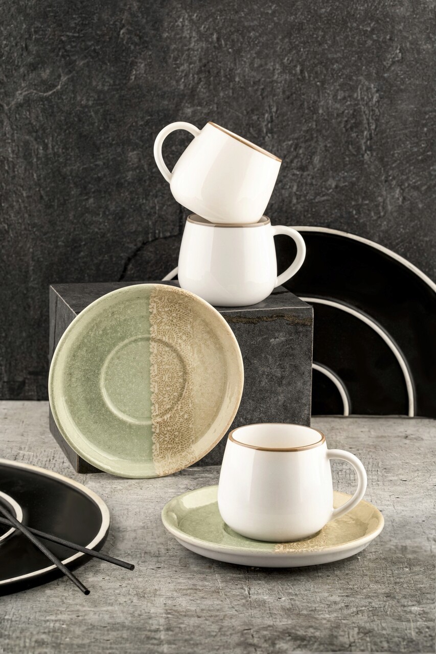 Set cesti de cafea, Noble Life, 721NBL3163, 100% PORCELAN / , Ceașcă de cafea: 90 cm (6 bucăți), Verde / Crem / Alb