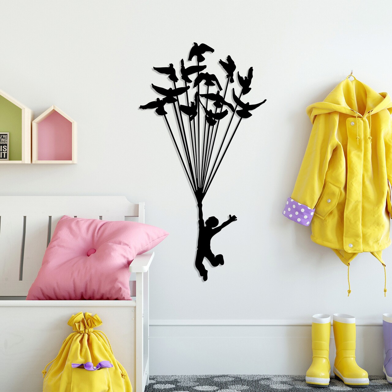 Decoratiune de perete, Flying Boy 3, Metal, Dimensiune: 45 x 85 cm, Negru - 1 | YEO