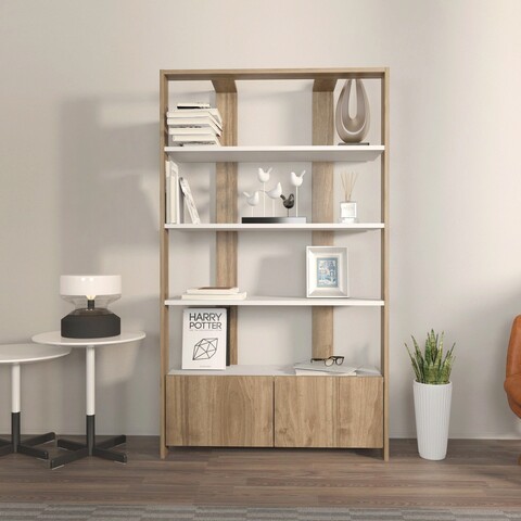 Corp biblioteca, Zena Home, Elena, 93.6x160x31.5cm, PAL melaminat, Alb / Nuc