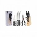 Set 6 cutite cu suport, otel/lemn/plastic, natur/negru