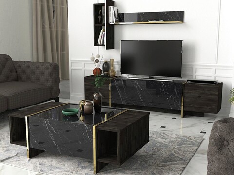 Set mobilier living, Talon, Veyron Set 1, PAL melaminat, Negru / Aur