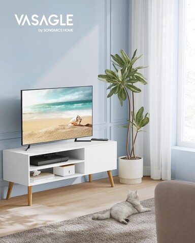 Comoda TV Modern, Vasagle, 120x40x49 cm, TV pana la 55 cm, PAL/picioare din lemn de cauciuc, alb