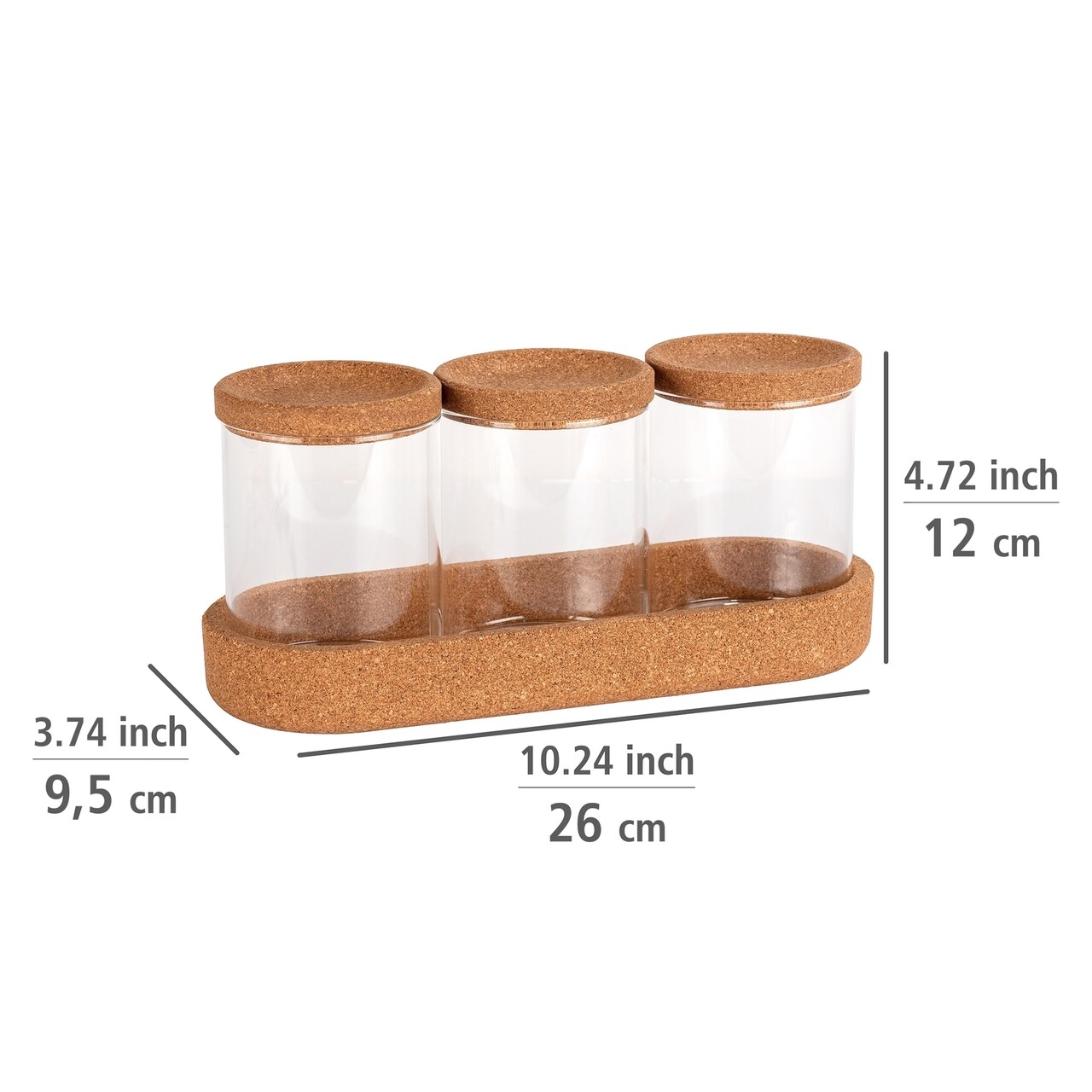 Set 3 Reipiente Depozitare Cu Tava, Wenko, Apiro, 26 X 12 X 9.5 Cm, Sticla/pluta, Natur/transparent