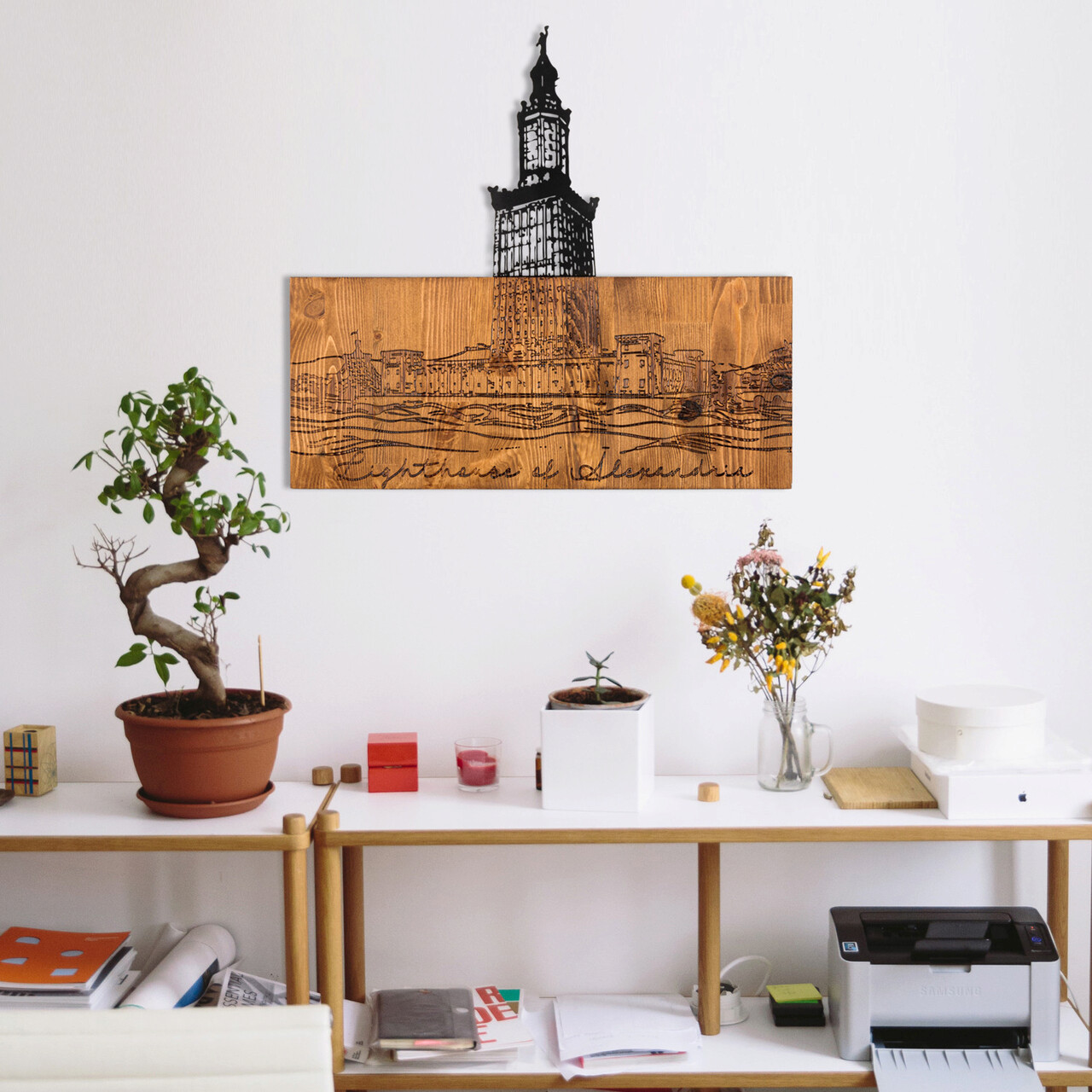 Decoratiune de perete, Alexandria Lighthouse, lemn/metal, 54 x 58 cm, negru/maro - 1 | YEO