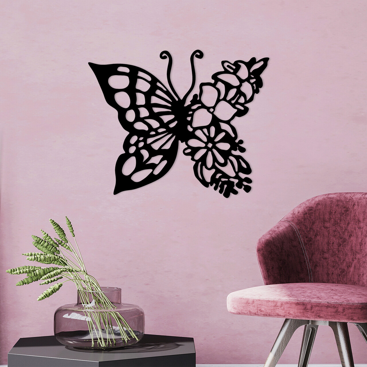 Decoratiune de perete, Butterfly From Flower, Metal, Dimensiune: 59 x 1,5 x 49 cm, Negru - 1 | YEO