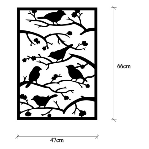 Decoratiune de perete, Tree Branch Birds, Metal, Dimensiune: 47 x 66 cm, Negru