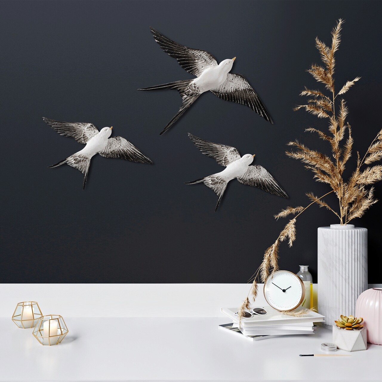 Decoratiune de perete, Flying Swallow, Poliester, Alb/Negru - 2 | YEO